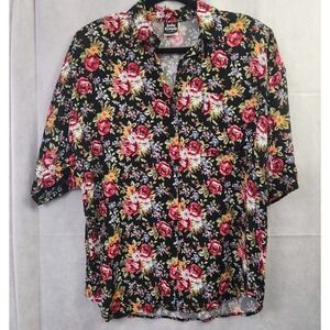 Judy Knapp Women's Black 1980s Vintage Floral Collared Button Down Top Size 1X